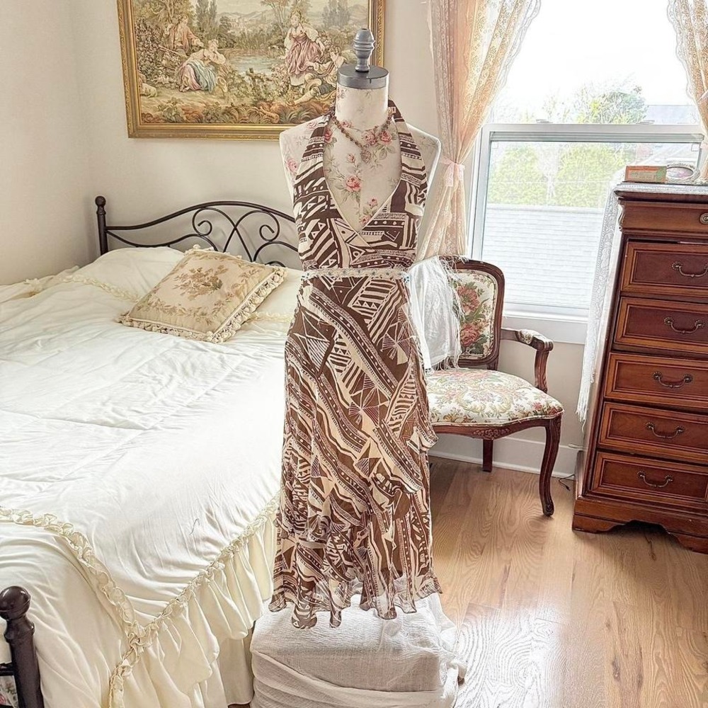 silk fairy dress  Y2K Sangria brown tribal print silk halter dress size 14 - Picture 2 of 5